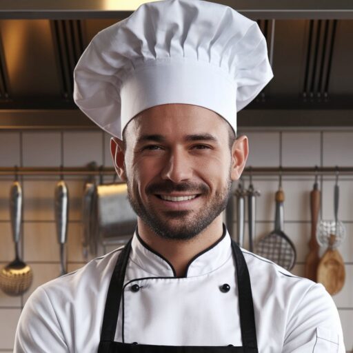 Chef Kai in his kitchen wearing a chef's hat