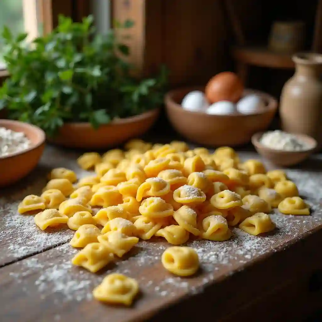Fresh cavatelli pasta on a wooden table in a rustic Italian kitchen.
