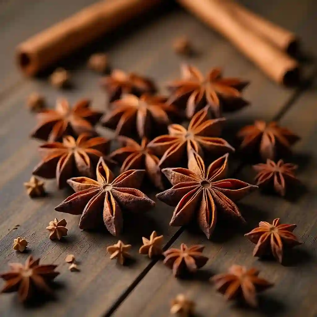 Close-up of star anise pods with cinnamon sticks and cloves on a wooden table