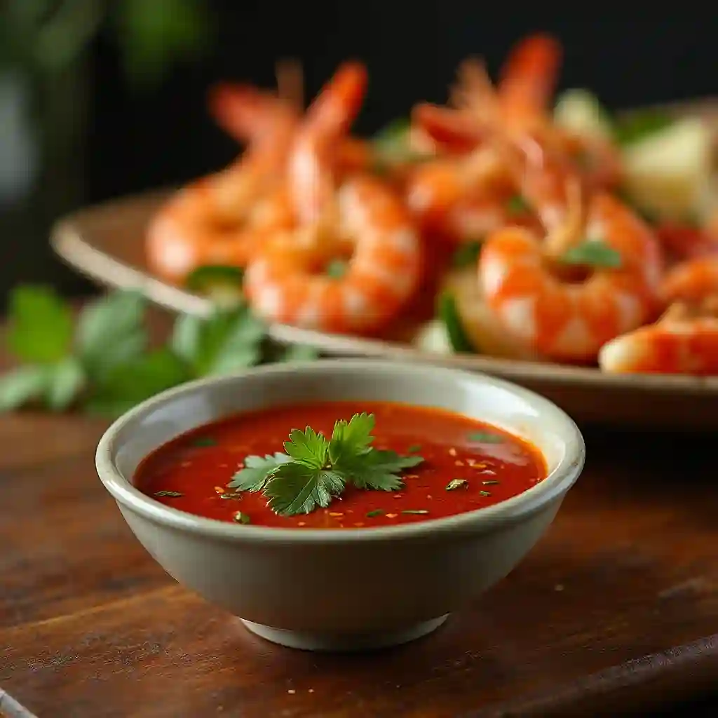 Bowl of yum yum sauce with grilled shrimp on a wooden table.