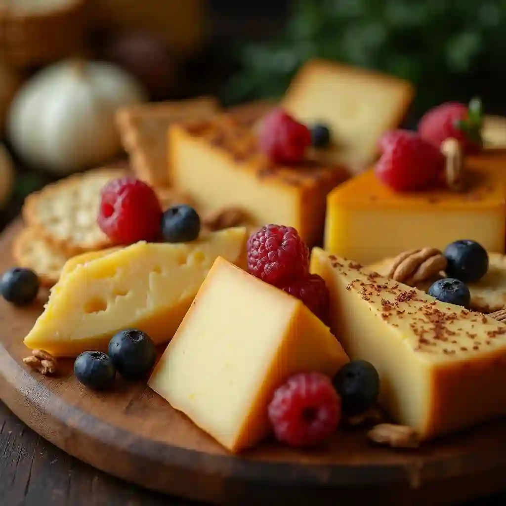Colorful cheese board featuring various types of cheddar cheese
