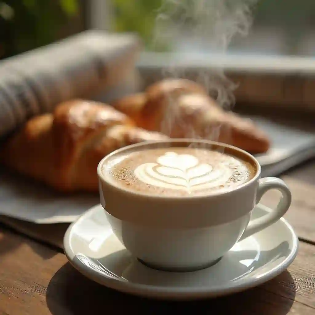 Steaming cup of café au lait with croissant and newspaper.