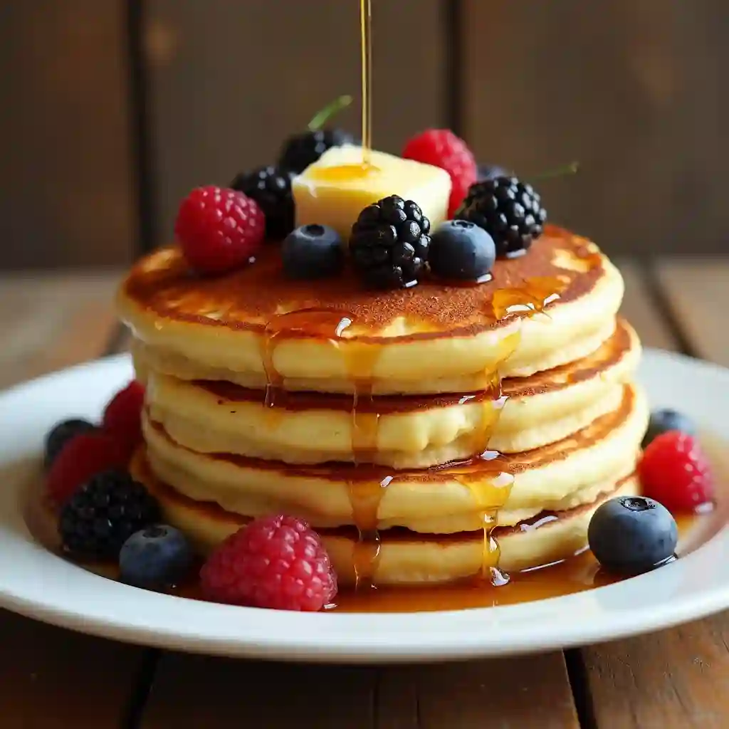 Fluffy golden griddle cakes with syrup and berries on a rustic table.