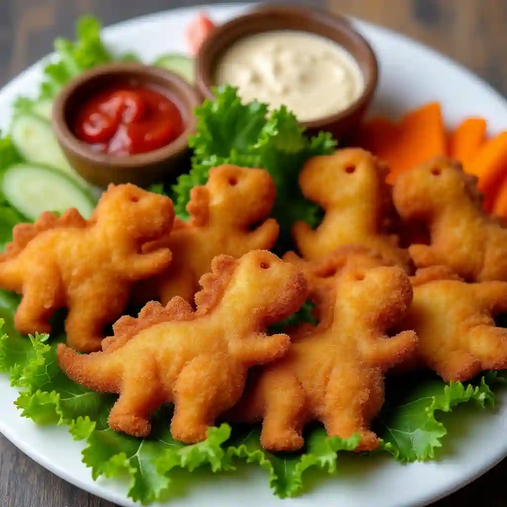 "Plate of crispy dino nuggets with dipping sauces."