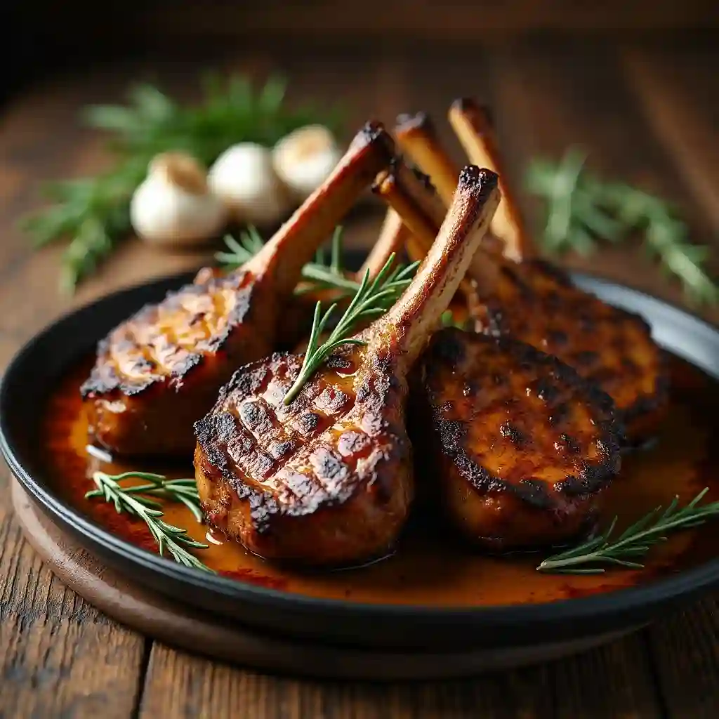 Grilled mutton chops with rosemary and garlic on a wooden board.