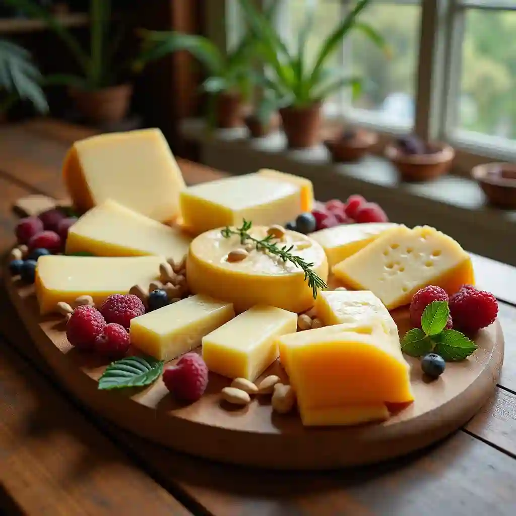 Cheese platter with Parmesan cheese, fruits, and nuts