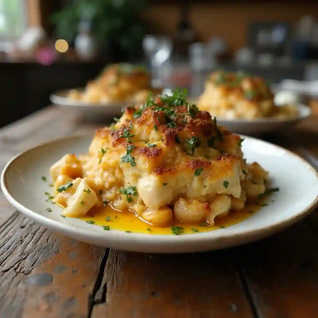 Deliciously baked tuna mornay served on a wooden table.