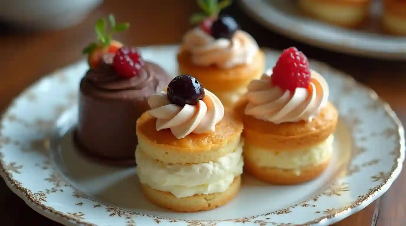 Assorted British cream cakes on a vintage table