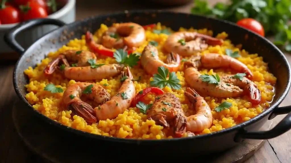 Delicious seafood paella served in a traditional pan