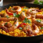 Delicious seafood paella served in a traditional pan