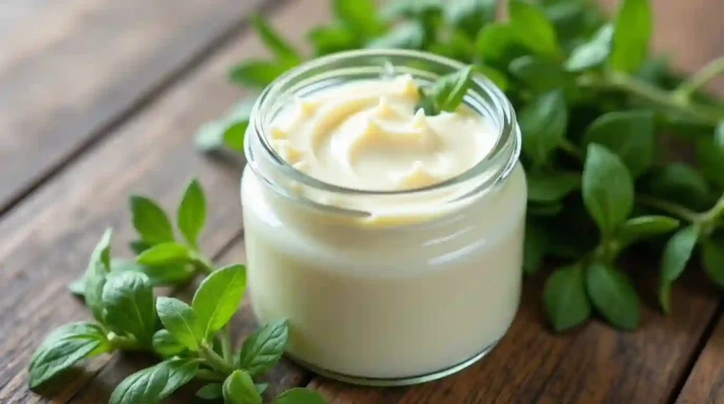 A jar of crème fraîche surrounded by fresh herbs.