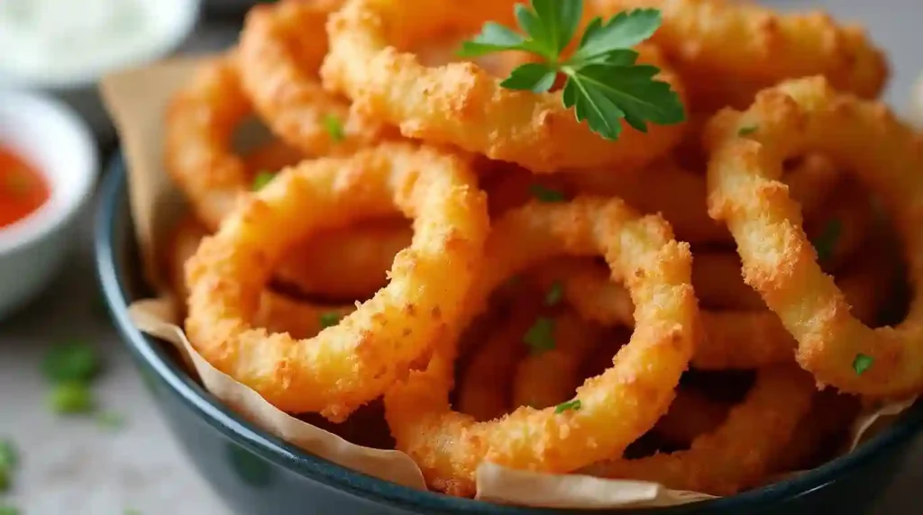 Crispy onion ring chips in a bowl