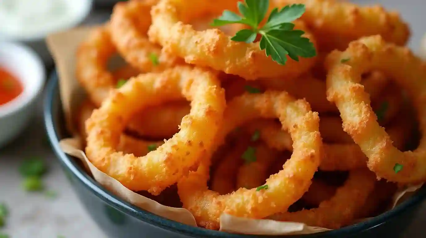 Crispy onion ring chips in a bowl