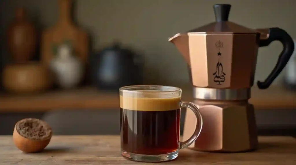 Freshly brewed Cuban coffee next to a moka pot.