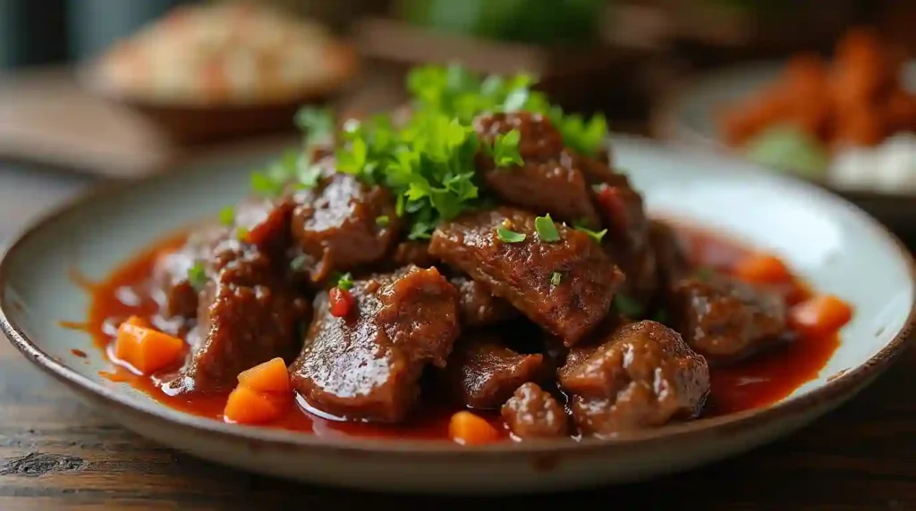 Plate of traditional Indonesian beef rendang