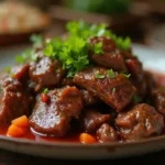 Plate of traditional Indonesian beef rendang