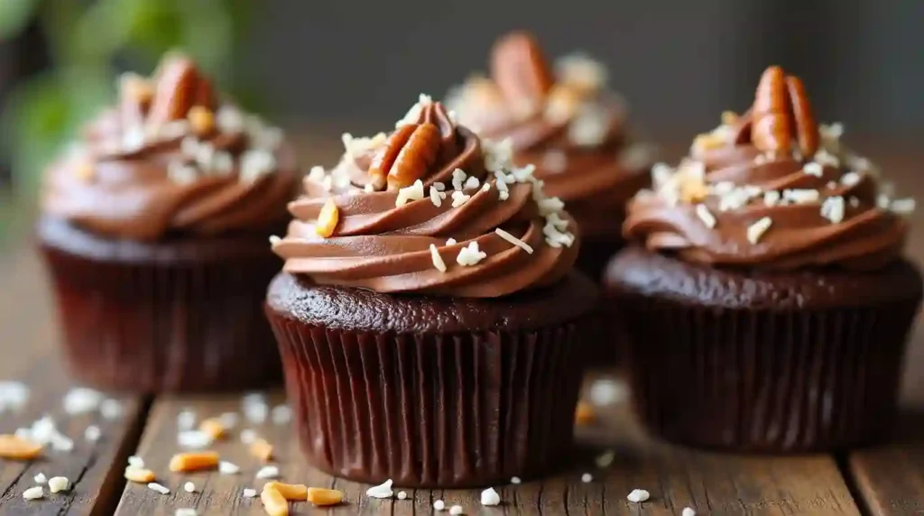 German chocolate cupcakes with coconut frosting