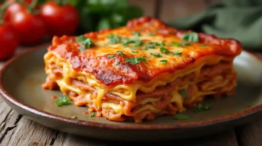 Homemade lasagne with melted cheese.