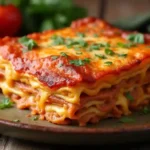 Homemade lasagne with melted cheese.