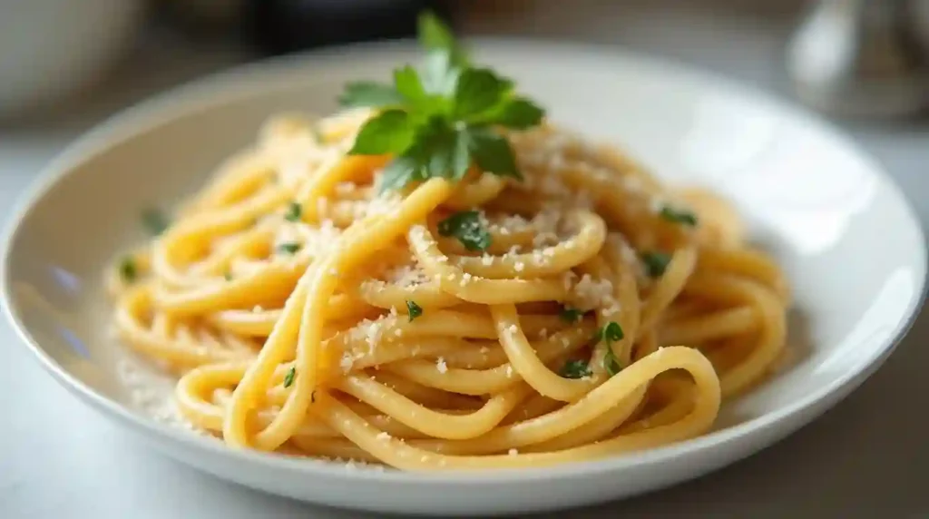 Deliciously plated Pasta Carbonara with parsley and Parmesan