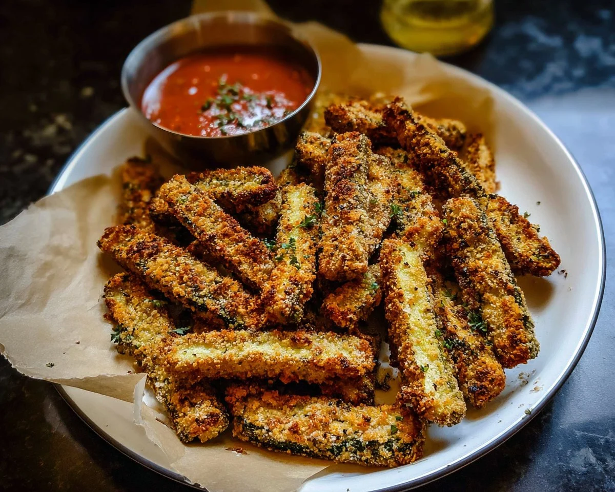 Crispy Air Fryer Zucchini Fries served on a plate with dipping sauce