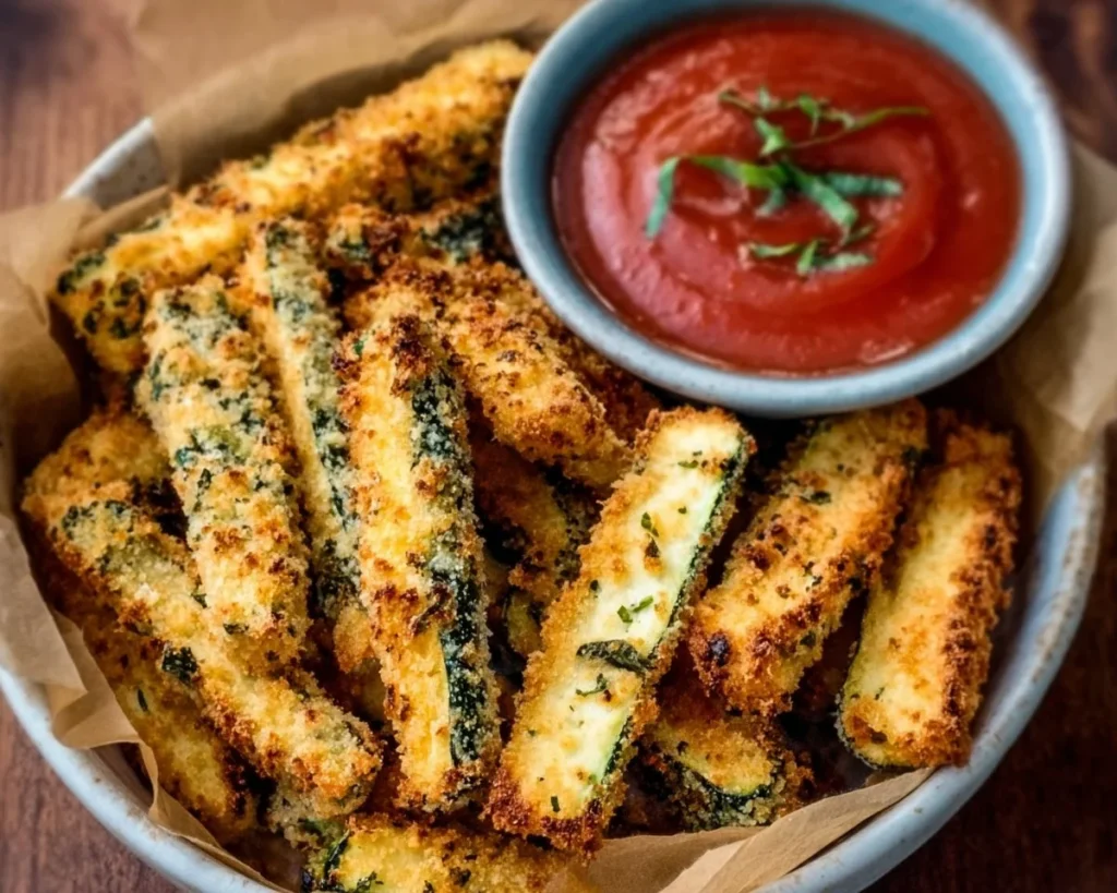 Crispy air fryer zucchini fries served with dipping sauce