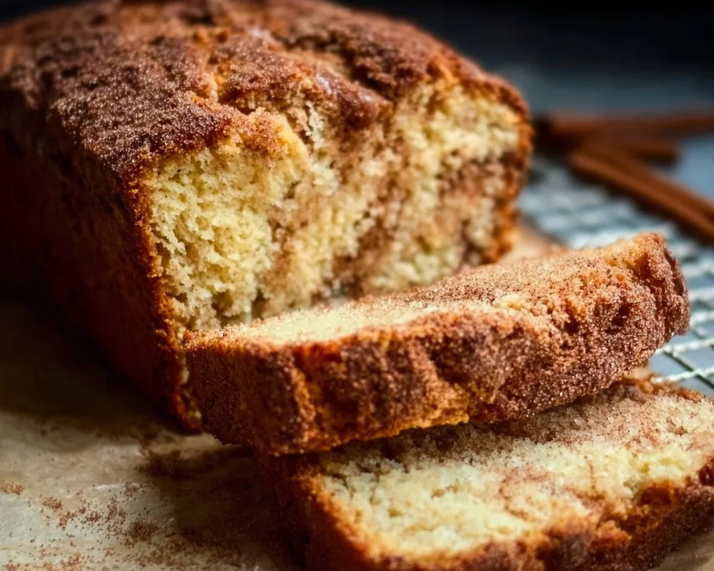 Homemade Amish Cinnamon Bread topped with cinnamon sugar glaze