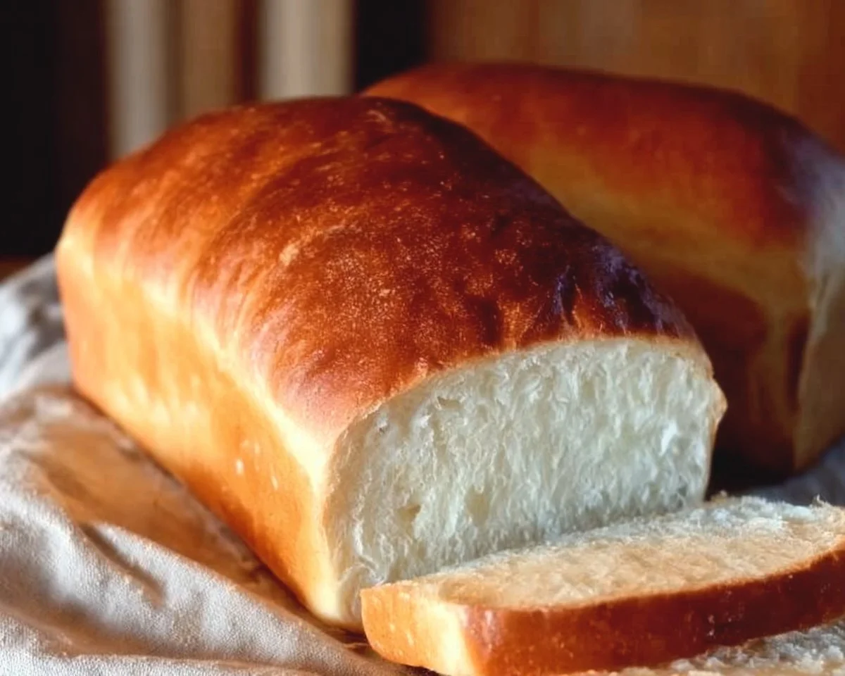 Loaf of homemade Amish White Bread fresh out of the oven