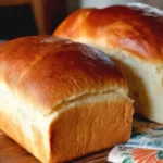 Loaf of freshly baked Amish White Bread on a wooden table