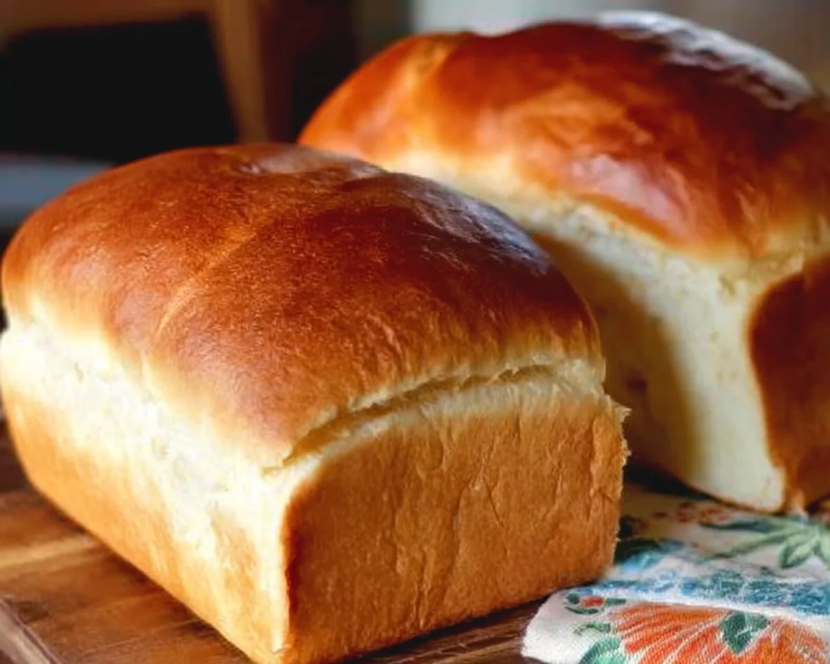 Loaf of freshly baked Amish White Bread on a wooden table