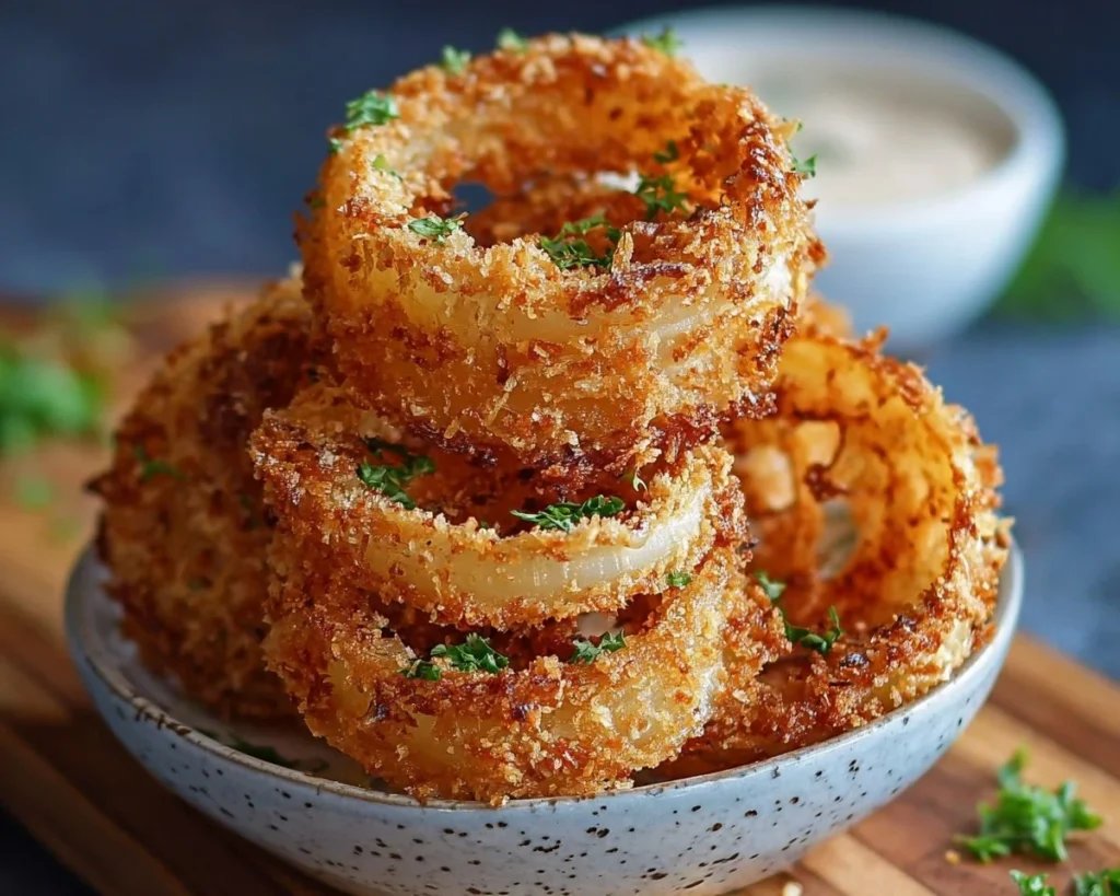 Baked Parmesan onion rings served on a plate with dipping sauce