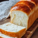 A golden-brown loaf of easy milk bread sliced on a wooden cutting board, showing a soft fluffy crumb, with butter and a glass of milk in a cozy kitchen background.