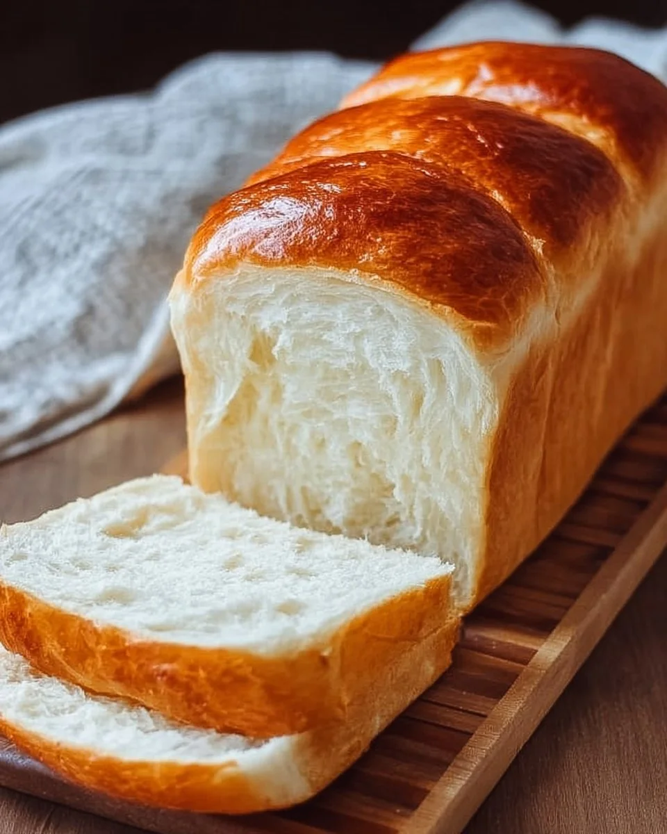 A golden-brown loaf of easy milk bread sliced on a wooden cutting board, showing a soft fluffy crumb, with butter and a glass of milk in a cozy kitchen background.