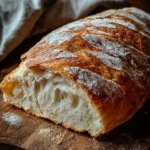 A rustic French bread loaf with a golden crackly crust and flour-dusted top, sliced to show an airy crumb on a wooden board in a warm kitchen setting.