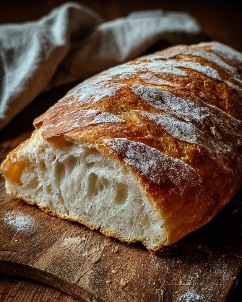 A rustic French bread loaf with a golden crackly crust and flour-dusted top, sliced to show an airy crumb on a wooden board in a warm kitchen setting.