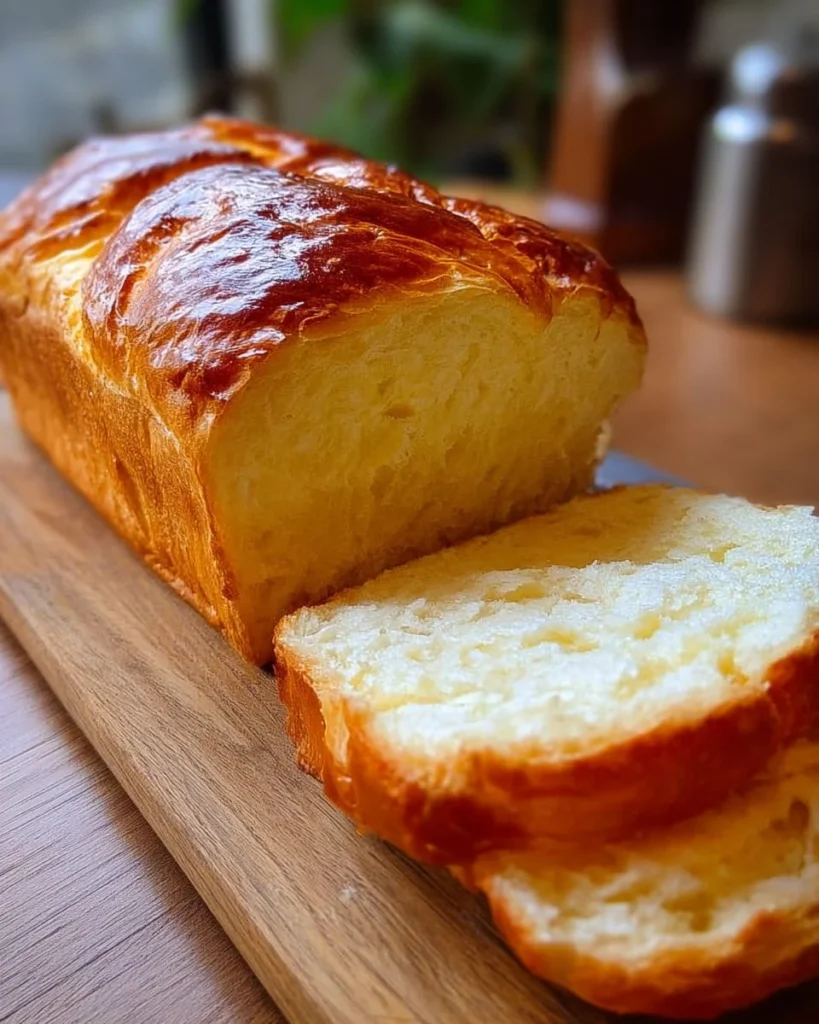 A golden homemade bread loaf sliced on a wooden cutting board, showing a soft fluffy interior, with butter nearby in a warm kitchen setting.