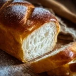 A golden homemade bread loaf sliced on a wooden cutting board, showing a soft fluffy interior with butter and jam nearby in a warm kitchen setting.