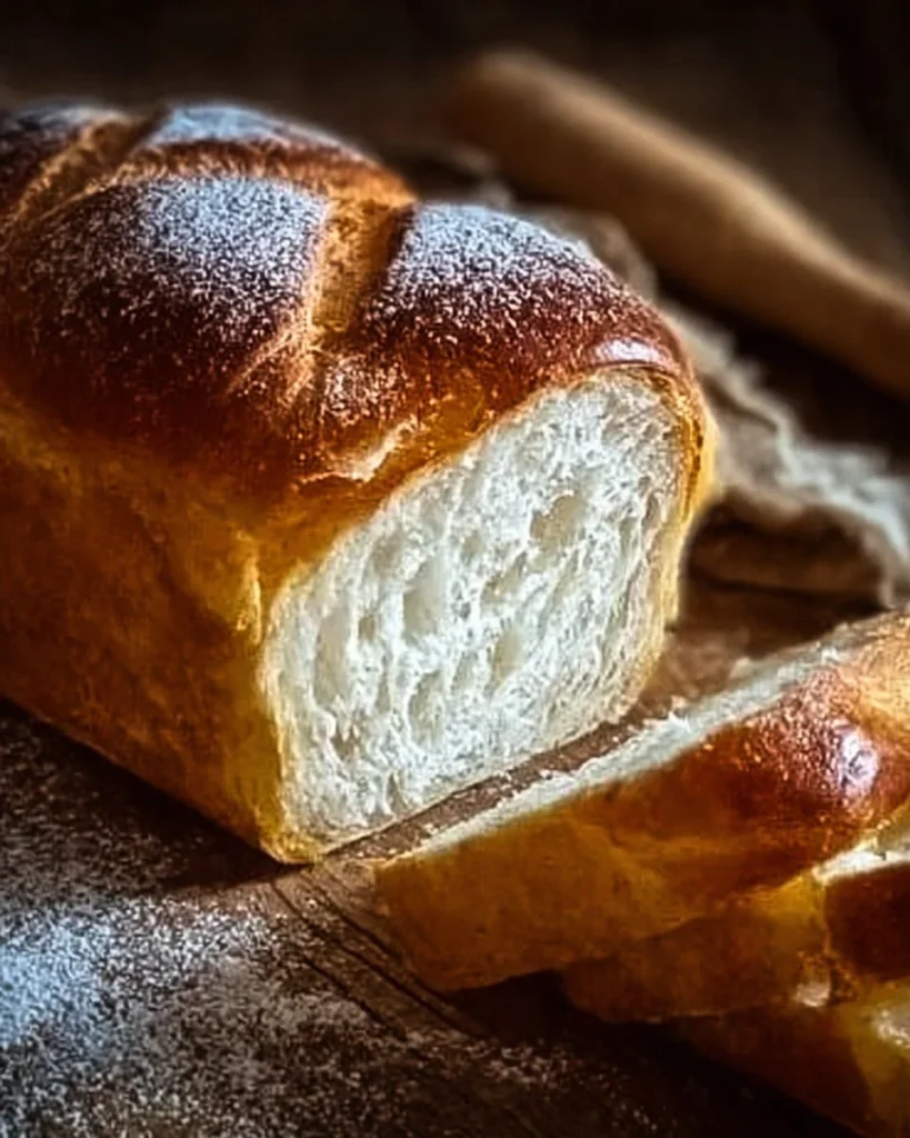 A golden homemade bread loaf sliced on a wooden cutting board, showing a soft fluffy interior with butter and jam nearby in a warm kitchen setting.
