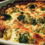Delicious Broccoli au Gratin topped with melted cheese and breadcrumbs