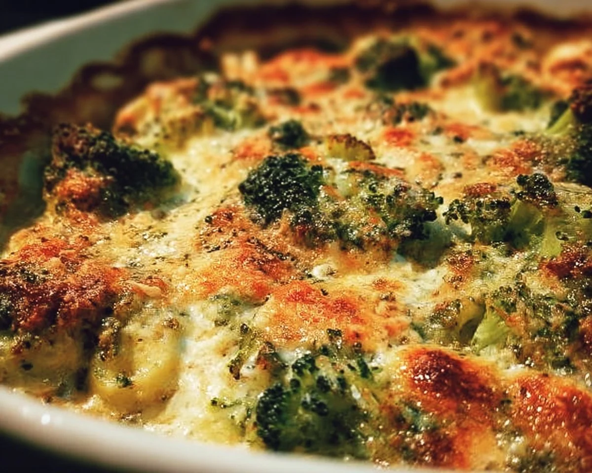 Delicious Broccoli au Gratin topped with melted cheese and breadcrumbs