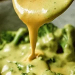 Creamy cheese sauce drizzled over fresh broccoli florets