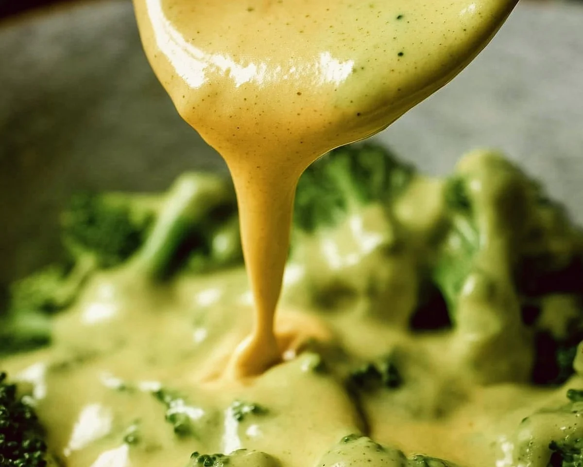 Creamy cheese sauce drizzled over fresh broccoli florets