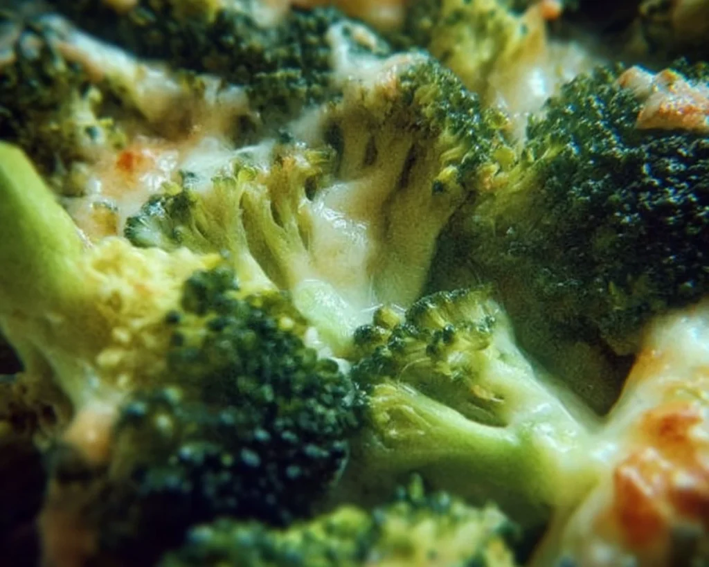 Bowl of creamy cheesy broccoli garnished with herbs