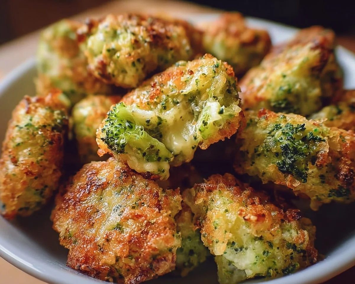 Cheesy broccoli tots served on a plate with dipping sauce