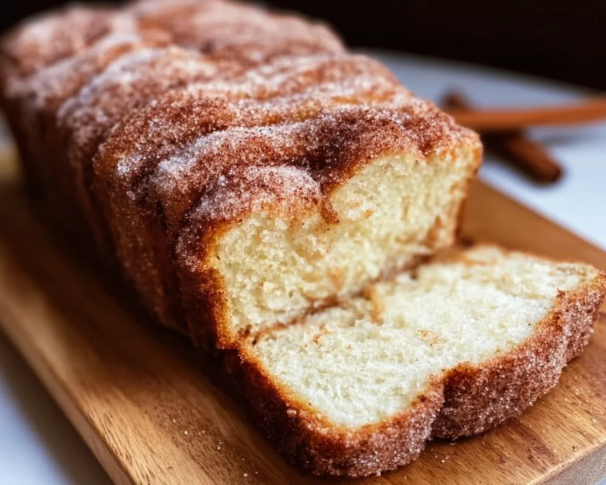 Cinnamon Sugar Donut Bread topped with cinnamon and sugar in a loaf