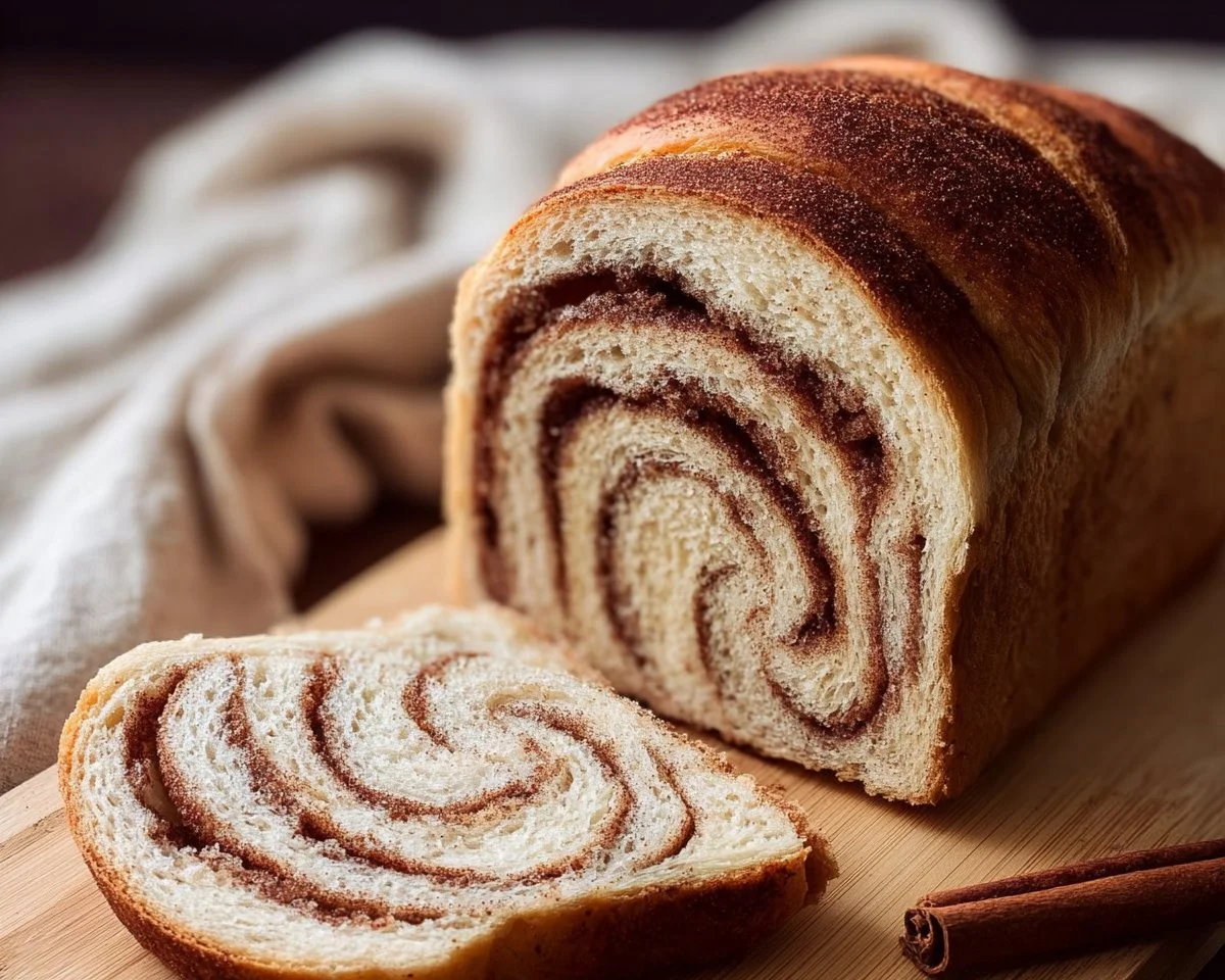 Freshly baked Cinnamon Swirl Bread with cinnamon and sugar topping