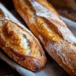 Freshly baked Classic French Baguette on a wooden table