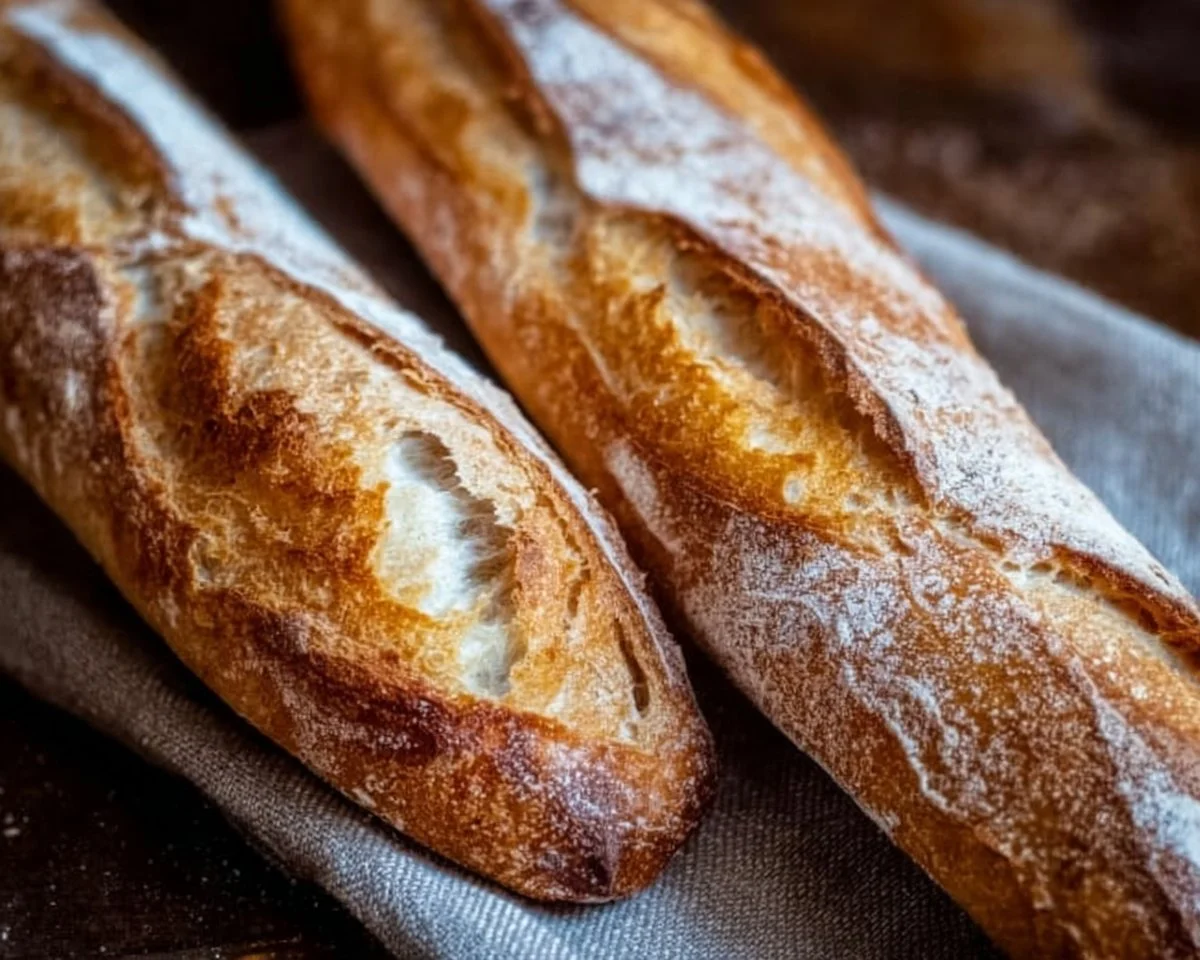 Freshly baked Classic French Baguette on a wooden table