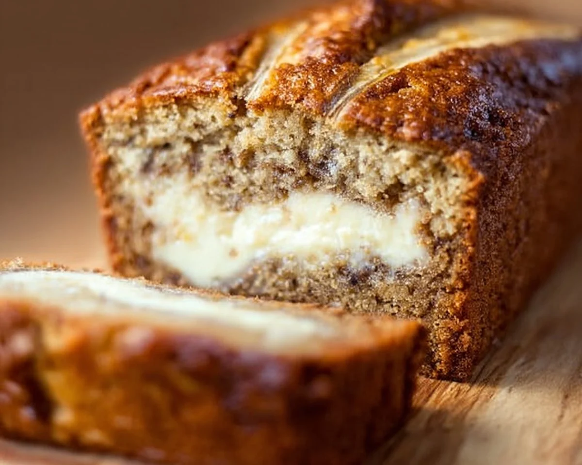 Cream Cheese-Filled Banana Bread slices with a rich cream cheese swirl