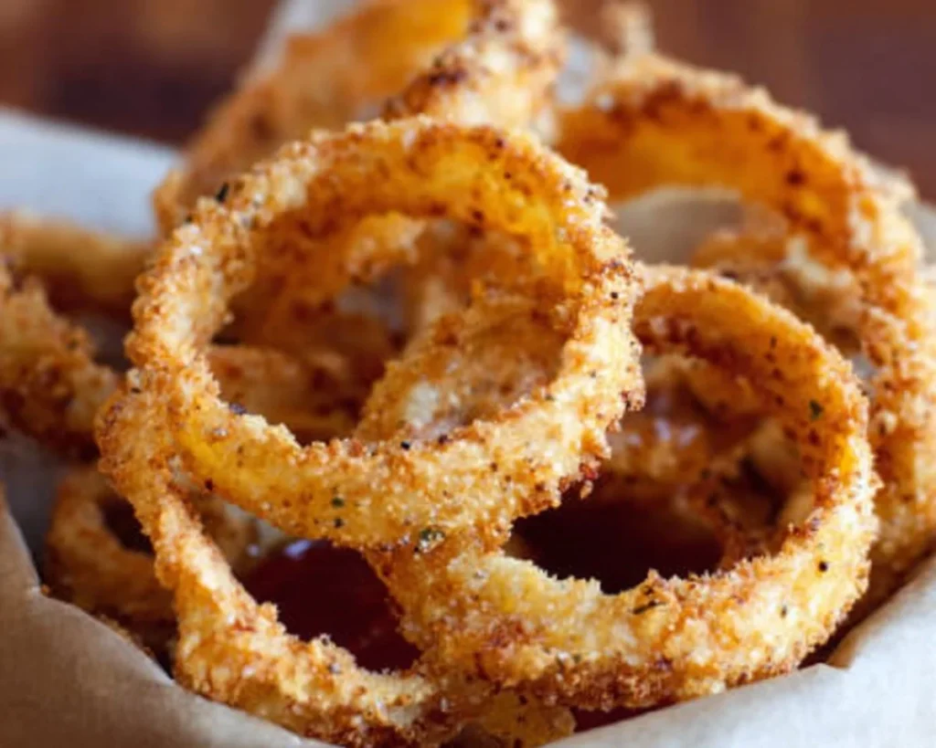 Crispy baked onion rings served on a plate